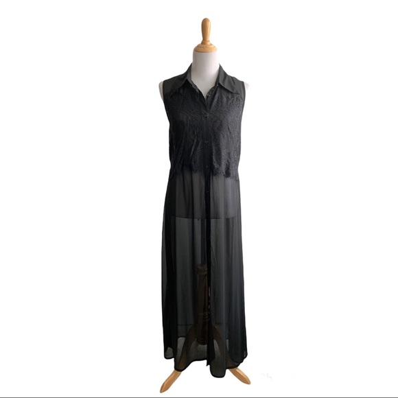 Angel Eye London | Sheer Black Button Up Full Length Sleeveless Dress - Picture 1 of 6